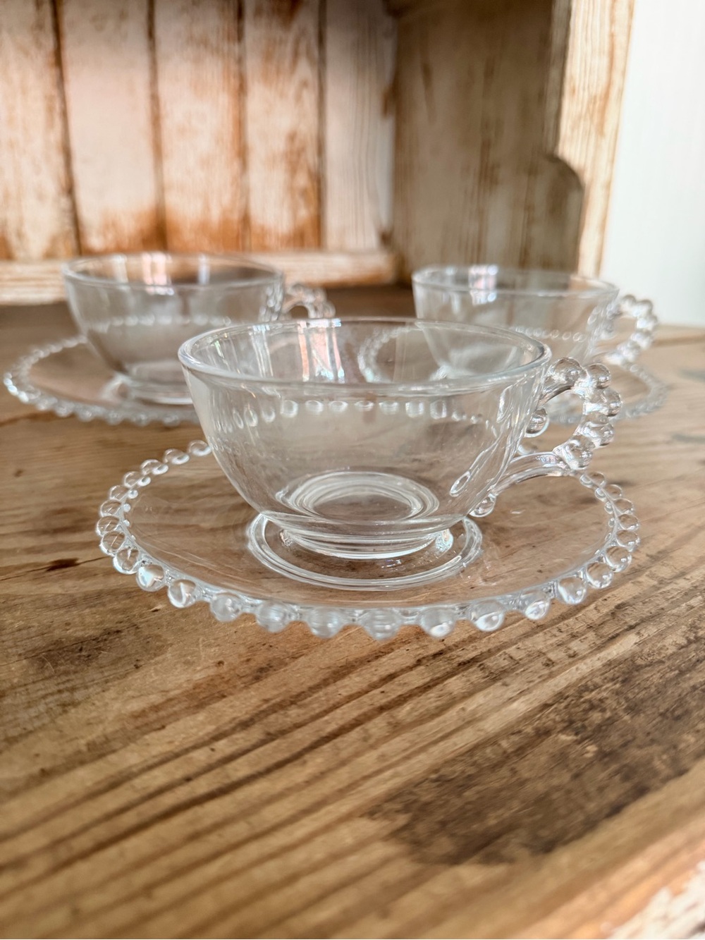 Imperial Glass Candlewick Tea Cup and Saucer Set of 3 - Elegant Beaded Edge